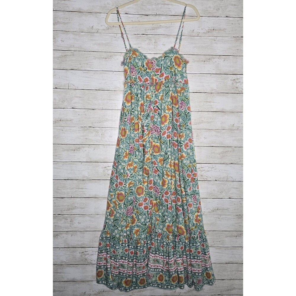 Hersy Maxi Dress Green Floral Size Medium Keyhole Back Tank Top Button